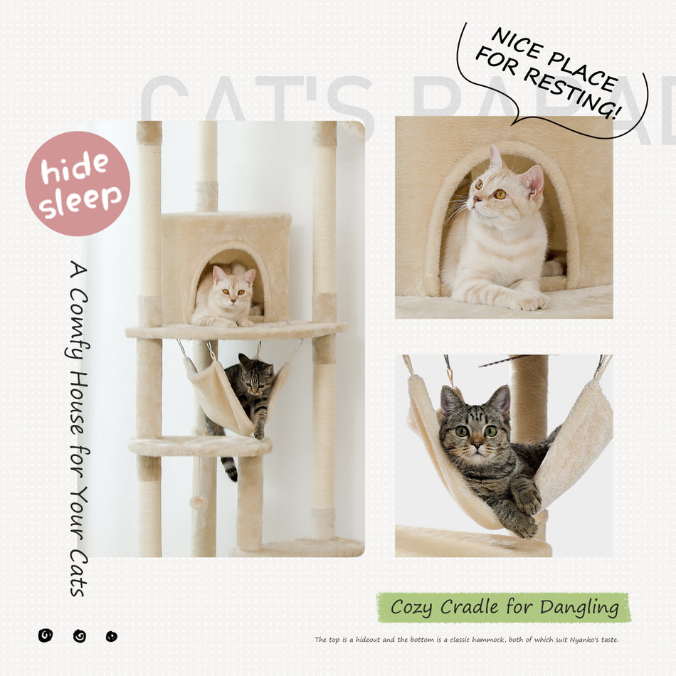 Floor to Ceiling Cat Tree Height Adjustable Cat Tower Tall Kitty Climbing Play House with Scratching Posts, Cozy Condo, Perches and Large Hammock Beige (Minimum Retail Price for US: USD 165.99)